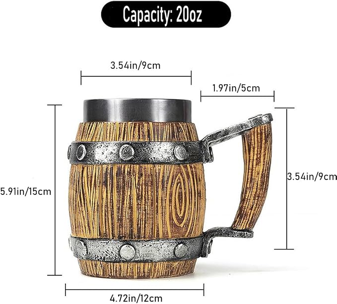 Nordic Viking Mug, pirate Beer Cup, Wooden Barrel Beer Mug Stainless Steel Liner - Image 6