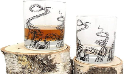 Black Lantern Octopus Tentacle Whiskey Glasses - Set of Two 11oz. Old Fashioned Glasses with Gift Box