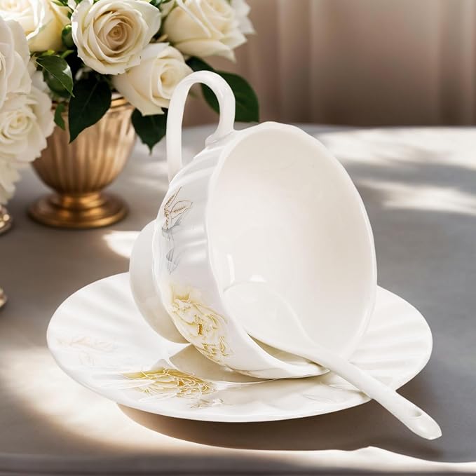 WRINGKIT Tea Cups and Saucers Set of 6, 7 Oz, Microwave Safe | Elegant - Image 4