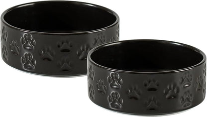 Ceramic Dog Bowl Set, 6.1" Dog Bowls with Anti-Slip Rings for Small Breed Dogs, 3.5 Cup Food and Water Bowls, Pet Dishes for Small-Sized Dogs, Microwave Safe (Double Bowls - Black, 6 inch)