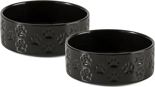 Ceramic Dog Bowl Set, 6.1" Dog Bowls with Anti-Slip Rings for Small Breed Dogs, 3.5 Cup Food and Water Bowls, Pet Dishes for Small-Sized Dogs, Microwave Safe (Double Bowls - Black, 6 inch)