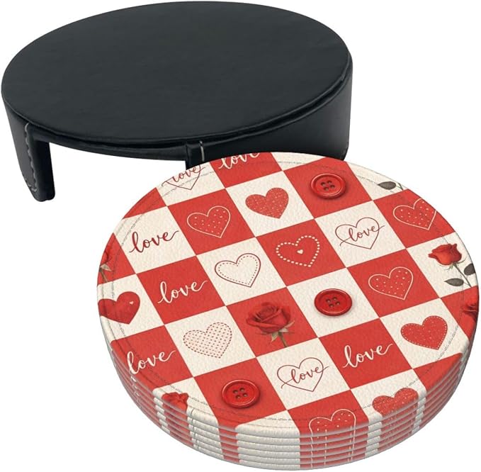 Romantic Love Hearts Checkered Roses Leather Coasters Set of 6 - Image 3