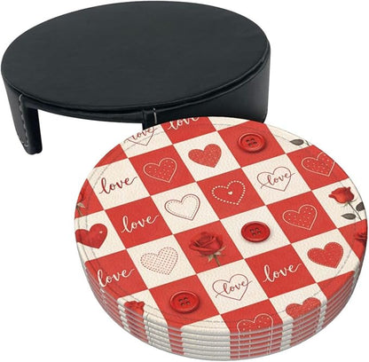 Romantic Love Hearts Checkered Roses Leather Coasters Set of 6 - Image 3