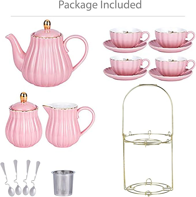 Jusalpha Fine China Pink Coffee Cup/Teacup Set, 7 OZ Cups& Saucer Service - Image 2