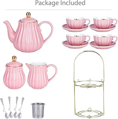 Jusalpha Fine China Pink Coffee Cup/Teacup Set, 7 OZ Cups& Saucer Service - Image 2