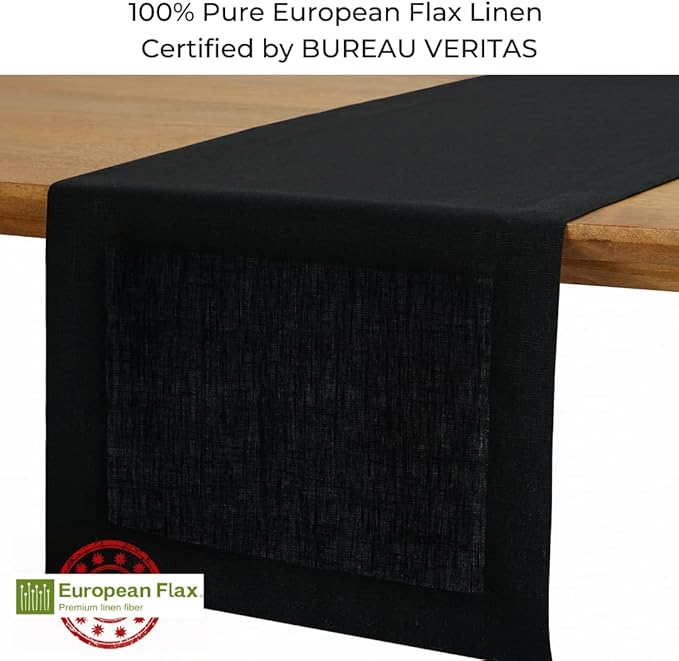 D'Moksha Homes Linen Black Table Runner 132 Inches Long - 100% Pure Linen Extra Long Table Runner 14 x 132 Inch for Spring, Easter - Machine Washable