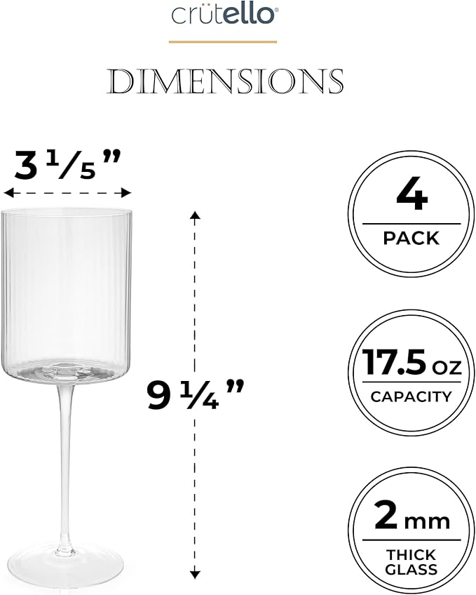 Crutello Square Wine Glasses Set of 4-17.5 oz Unique Fluted Vintage Glasses with Ribbed Texture and Long Stem - Large Modern Red or Fancy White Wine Glass Set, All Purpose