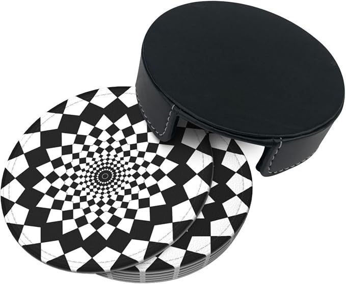 Drink Coasters with Holder Stand Set of 6, Mandala Chessboard Pu Leather - Image 7