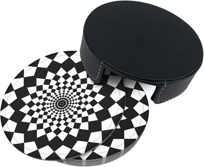 Drink Coasters with Holder Stand Set of 6, Mandala Chessboard Pu Leather - Image 7