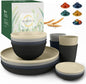 Wrova Wheat straw plates and bowls sets of 16 - Unbreakable wheat straw dinnerware sets for camping - Dishwasher safe and Freezer safe Dishes. Black & Grey