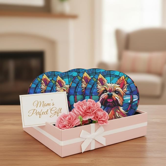 Yorkie Stained Dog Breed Glass Art Leather Drinks Coasters - Image 8