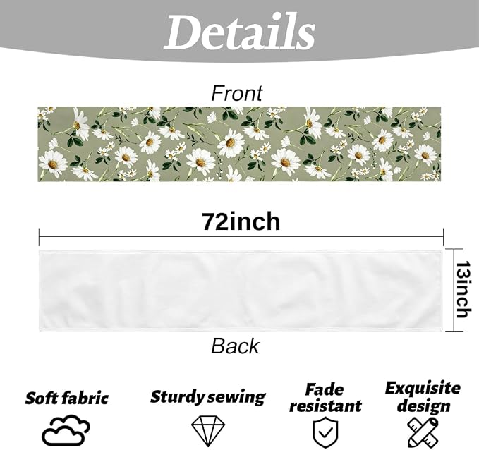 Olive Green Daisy Flowers Spring Table Runner, Table Runners 72 Inches Long | - Image 6