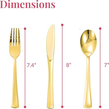 Prestee 400 Pieces Gold Silverware Set for 100 Guests - Premium Pre Rolled Disposable Plastic Silverware Set with Napkins - Wrapped Utensils with Forks, Knives, Spoons, Napkins for Weddings and Events