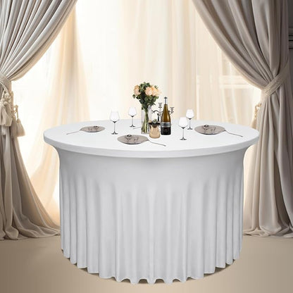 6-Pack 60" Diameter x 30" Height White Round Table Skirts for 5FT Tables | Wrinkle & Stain Resistant Polyester Spandex Tablecloths with Elastic Fit | Ideal for Weddings, Parties, Banquets, Dining
