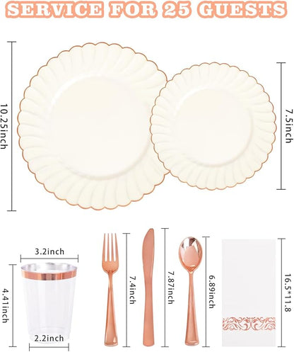 YOUBET 175PCS Ivory Scalloped Plastic Plates - Rose Gold Disposable Dinnerware Set Include 50 Plates, 75 Rose Gold Silverware, 25 Cups, 25 Napkins for Party & Wedding & Baby Shower