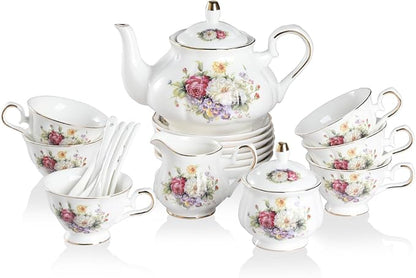 Sweejar Porcelain Tea Set Vintage Floral, British Relief Gold Rim Teapot Cup by Sweejarco1949