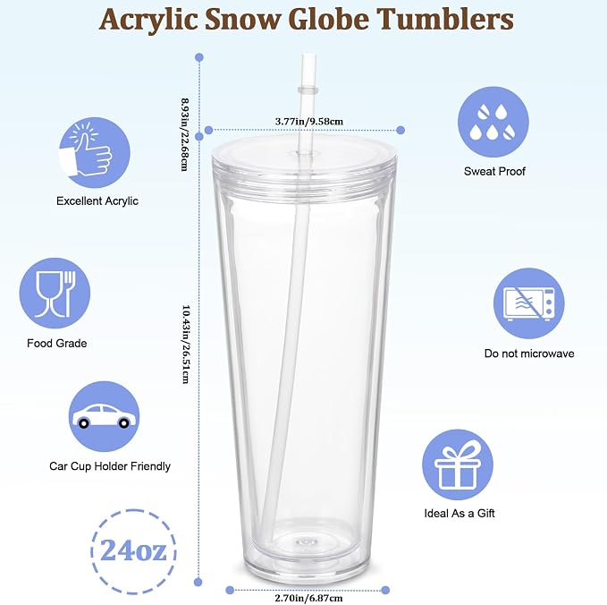 6 Pack 24Oz Snow Globe Tumblers, Double Wall Acrylic Snowglobe Cup - Image 2