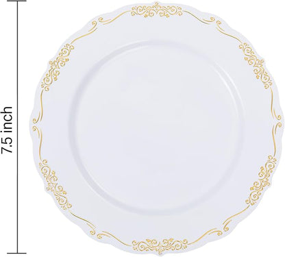 DaYammi 60PCS White and Gold Plastic Plates, Disposable Heavy Duty Plates Premium 7.5inch White Dessert Cake Salad Appetizer Plates Hard Plastic Platos Disposable for Party Wedding