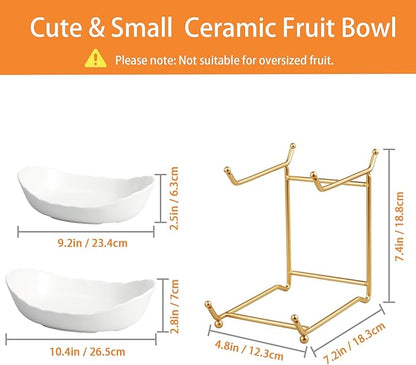 2 Tier Ceramic Fruit Bowl for Kitchen Counter, Tiered Fruit Basket for Countertop, Modern Multi Layer Fruit Display Stand for Party, Cute (Gold&White, Small)