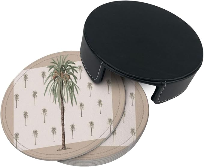 6 Pcs Tropical Plants in Summer Beach Palm Tree Leather Coasters - Image 5