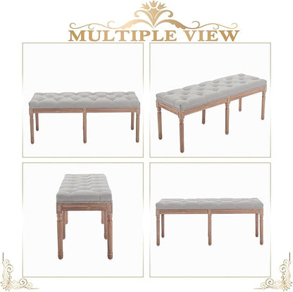 Bonzy Home 47” Bedroom Bench,French Vintage Tufted Entryway Benches Upholstered Dining Benches with Cushion,Linen Fabric End of Bed Bench for Bedroom Living Room Entryway, Gray