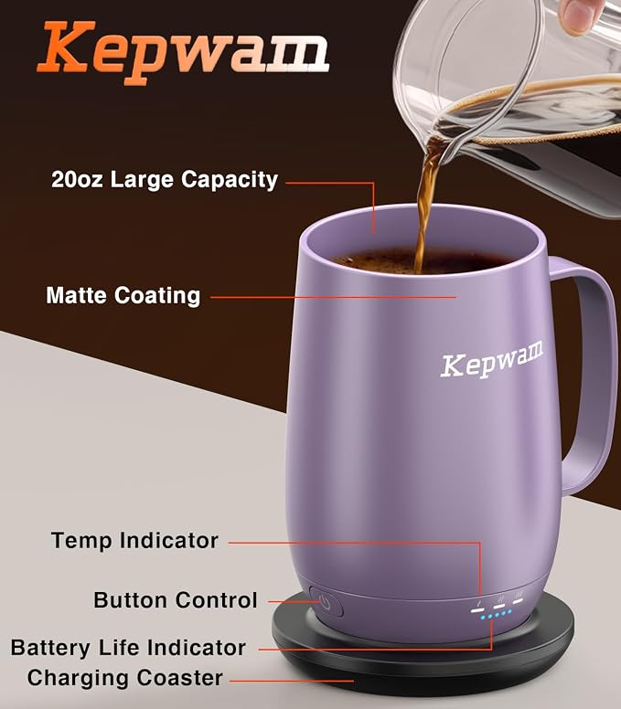 Kepwam Heated Coffee Mug T2-Plus, 20oz Large Capacity Longer Battery Life | - Image 3