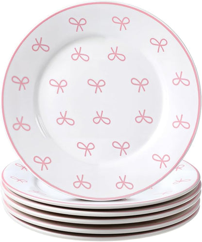 Honeydak 6 Pcs 6 Inch Pink Bow Ceramic Plates Coquette Bachelorette Tableware by Honeydak