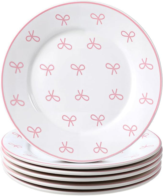 Honeydak 6 Pcs 6 Inch Pink Bow Ceramic Plates Coquette Bachelorette Tableware by Honeydak