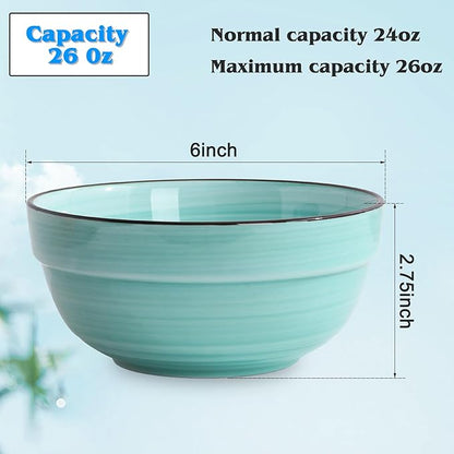 HAPPY KIT Ceramic Serving Bowls, 6 Inch Colorful Bowls for Kitchen, 24 Ounce Soup Bowls Set of 6, Dishwasher & Microwave Safe, Porcelain Bowls for Cereal Soup Rice Pasta Salad Oatmeal Soup
