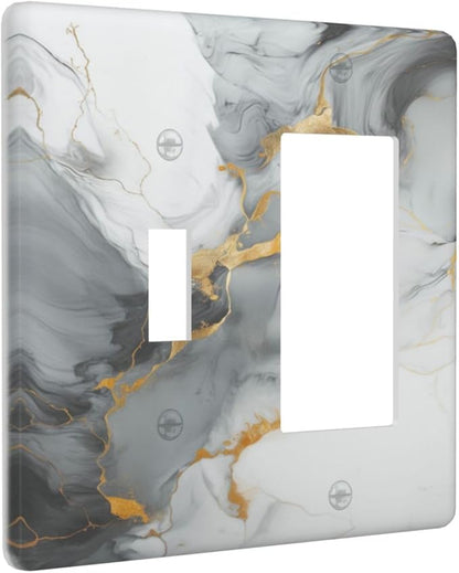 Light Switch Cover Gray/Gold Marble Abstract Modern Luxury 2 Gang Toggle Rocker Combo Socket Cover Wall Plates Decorative Switch Plates and Outlet Covers for Bathroom Bedroom Decor