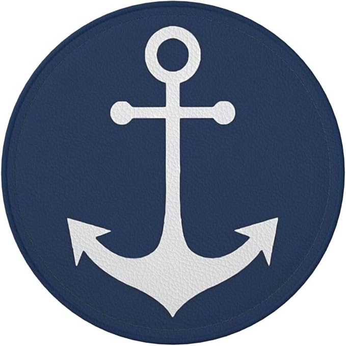 White Nautical Anchor On Navy Blue Premium Leather Coasters - Image 4