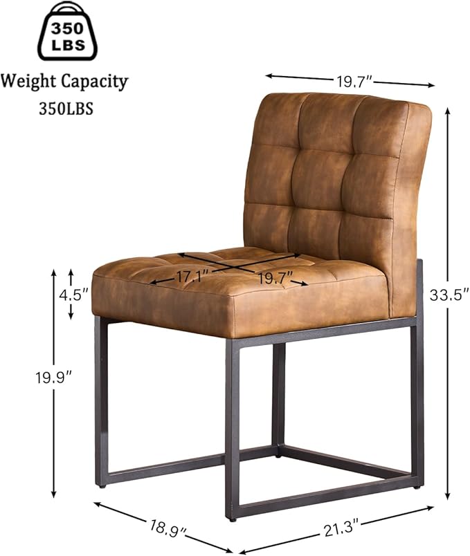 Coffee Faux Leather Dining Chairs Set of 4, Mid-Century Modern Dining Room Chairs with Armless, Checkered Kitchen Chair with Metal Legs