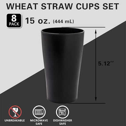 ejonirinjonir EI 15oz Black Wheat Straw Cups Set of 8, Drinking Glasses - Image 2