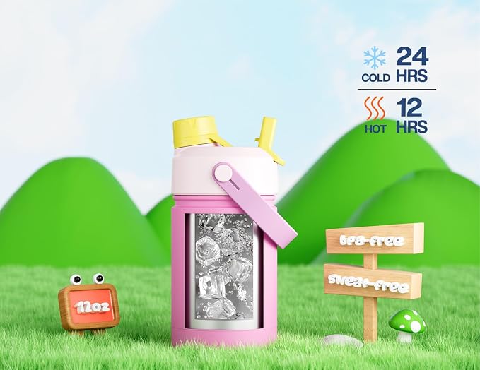 12 oz Kids Insulated Water Bottle: 2-in-1 Straw Spout Lid, Cold 24H, Car - Image 3