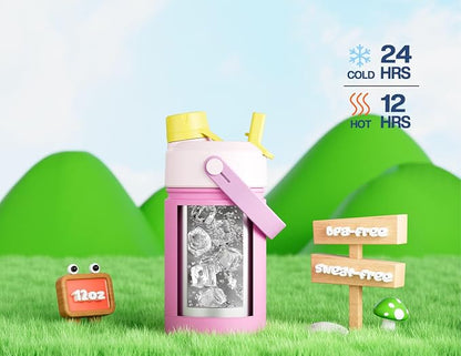 12 oz Kids Insulated Water Bottle: 2-in-1 Straw Spout Lid, Cold 24H, Car - Image 3