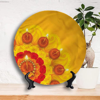 Ceramic Display Plate, Diwali Ceramic Hanging Decorative Plate, Flowers Diwali Festive, 8 Inch, Household Custom Ceramic Plate, Multicolor