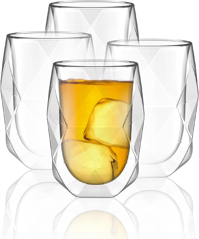 BTaT- Double Walled Glasses, 4 Pack, 12 oz, Insulated Diamond Shaped Glass Cups by BrewToATea