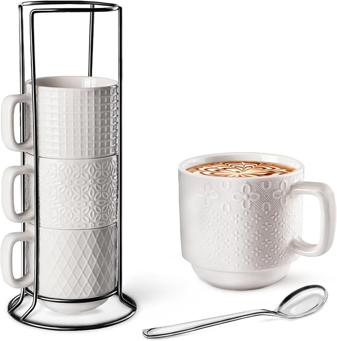 Large Coffee Mug Set of 4 with Stand and Spoons – 14oz Heavy Duty Ceramic Cups by SPIPER