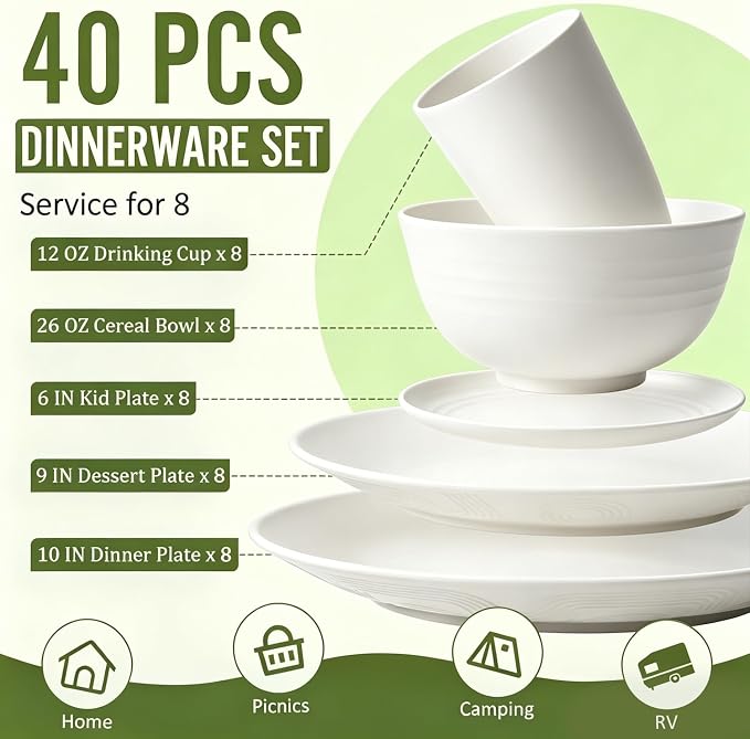 40 PCS Wheat Straw Dinnerware Sets, Service - Image 2