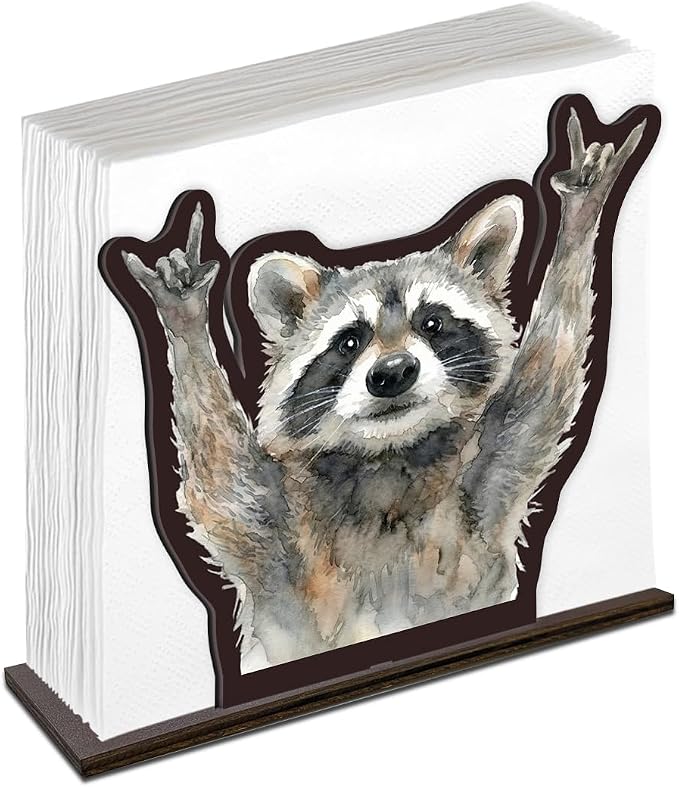 Funny Raccoon Napkin Holder for Table, Cute Raccoon Raising Hands Design Wooden by Unknown