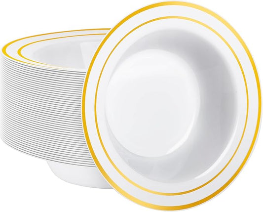 Goodluck 50 Pack Plastic Bowls with Gold Rim, 12oz Disposable Soup Bowls, Heavy Duty Dessert Bowls for Weddings, Parties, Dinners, Catering, Thanksgiving and Everyday Use
