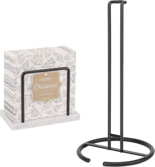 Livabber Napkin Holder, Metal Napkin Storage Modern Freestanding Tissue Paper Dispenser for Table Kitchen Countertop (Marble Base, Black Napkin Holder Set-2)