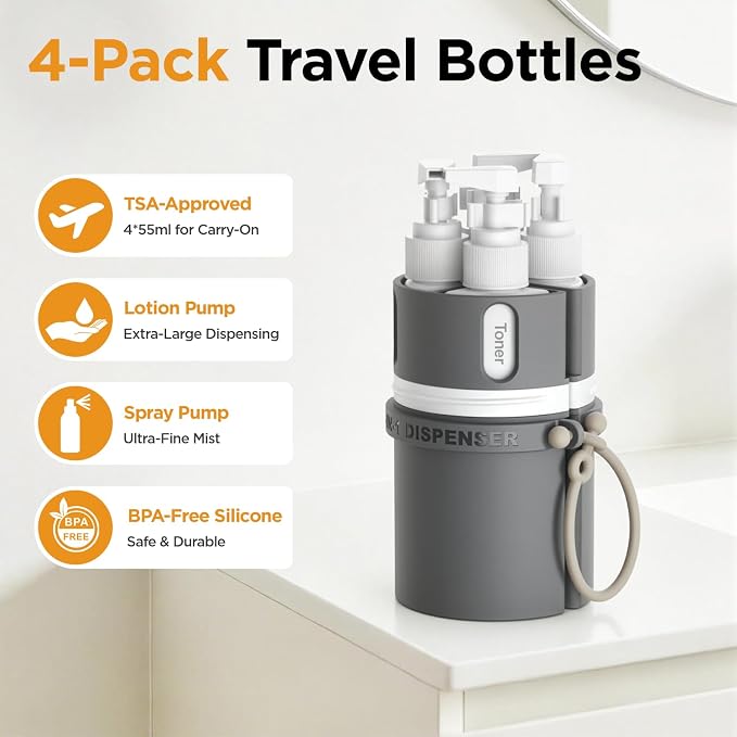 4 in 1 Travel Dispenser Bottle, Travel Toiletry Bottles - Image 4
