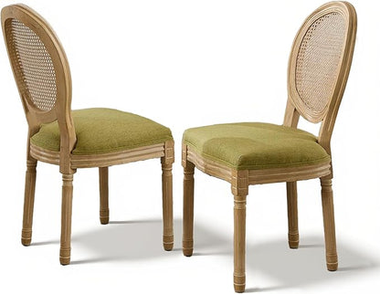 SoarFlash French Dining Chairs Set of 2, Vantage Dining Chair with Round Back, Wood Leg Farmhouse Country Rattan Dining Chair for Kitchen,Bedroom,Olive Green