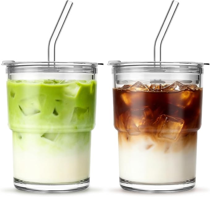 INSETLAN 13 oz Portable Glass Tumblers Set of 2, Thick Wall Glass Cups by INSETLAN