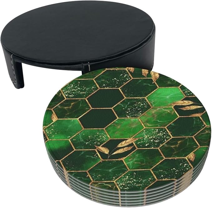6 Pcs Leaves Marble Honeycomb Plaid Geometric Abstract Green Leather Coasters - Image 4