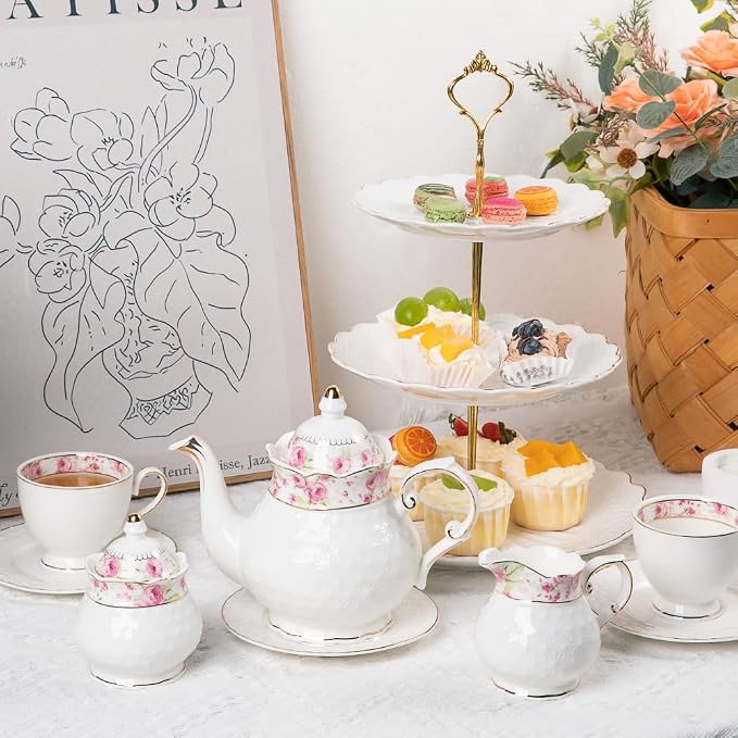 Sweejar 21 Piece Porcelain Tea Set, Vintage British Floral Relief Gold Rimmed - Image 5