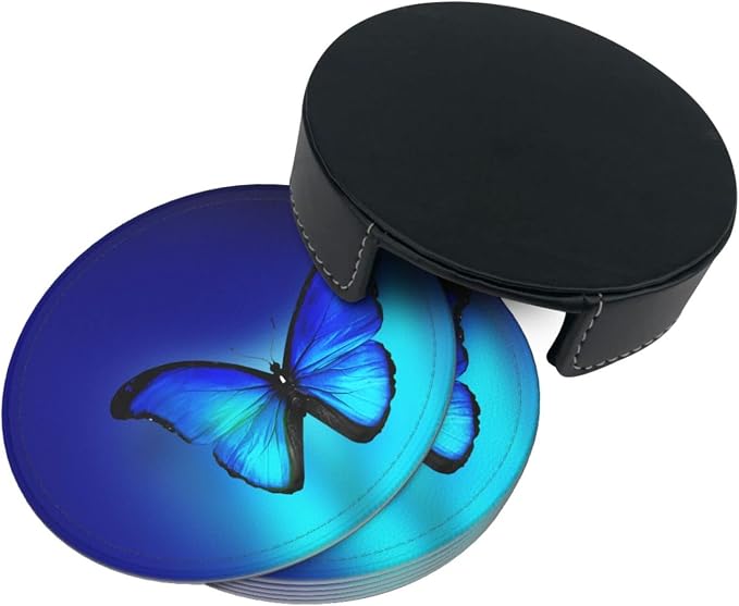6 Pcs Blue Butterfly Leather Coasters - Image 4