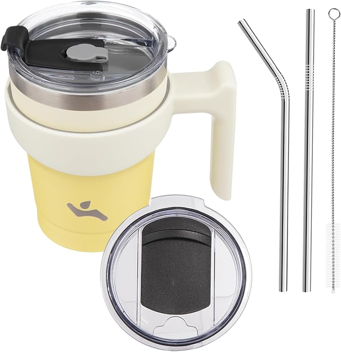 Konokyo 10 oz Tumbler with Handle and Straw, Insulated Travel Mug | Lemon; by Konokyo