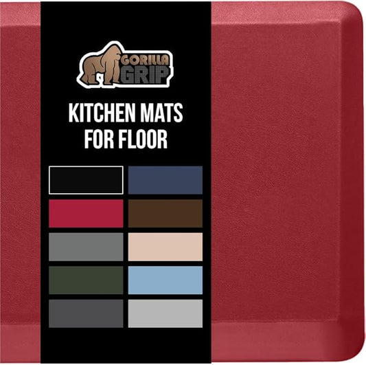 GORILLA GRIP Comfortable Cushioned Kitchen Mats for Floor, 48x20, Waterproof and Stain Resistant Soft Top, 3/4 Inch Thick Ergonomic Standing Desk Anti Fatigue Mat, Foam Supports Ankles and Feet, Red